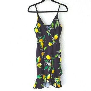 UN Ultranice Adjustable Strap Faux Wrap Front Lemon Print Black Dress Si…